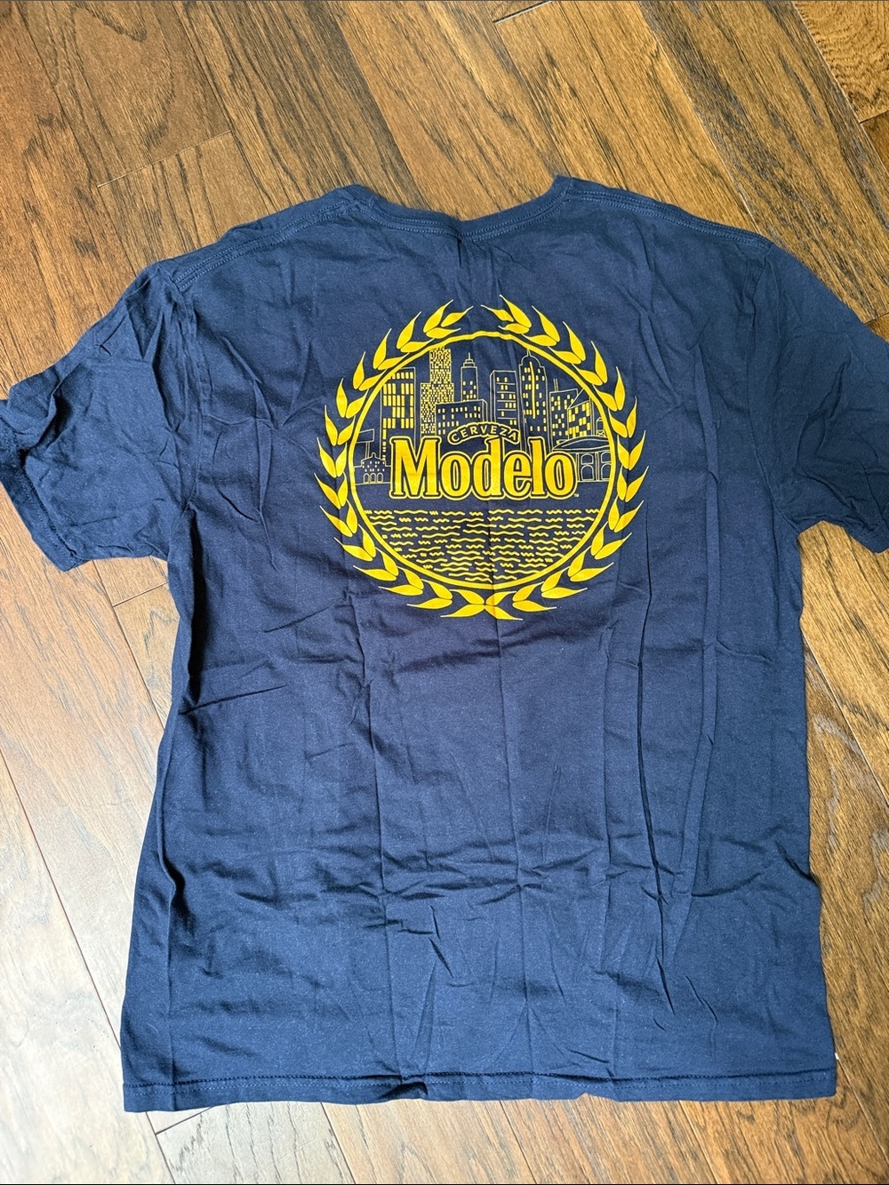 Modelo Cerveza Navy Tee with Bright Yellow Logo Emblem